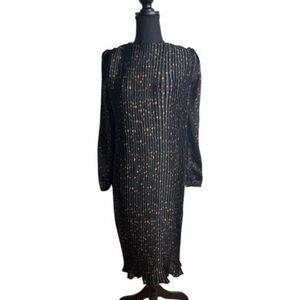 NOTE Black Pleated Polka Dot Midi Dress Long Sleeve Shift Style Sz XS